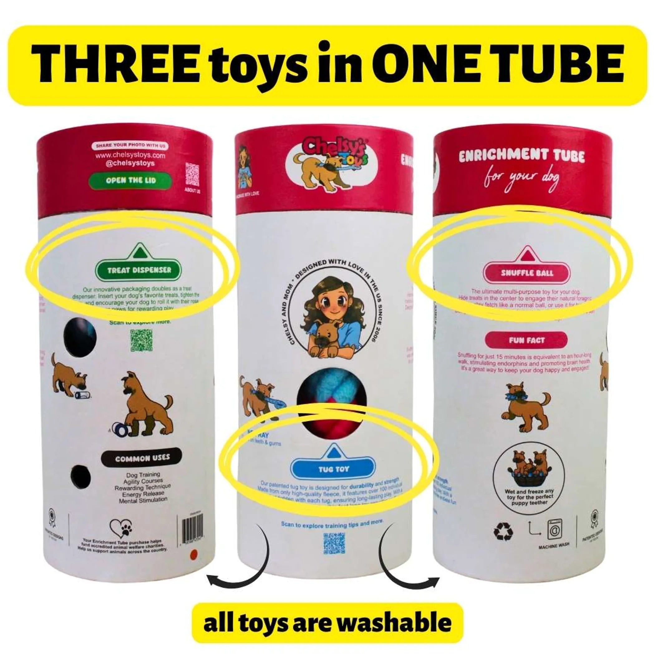 3-in-1 Enrichment Tube — Tug, Treat Dispenser & Snuffle Ball